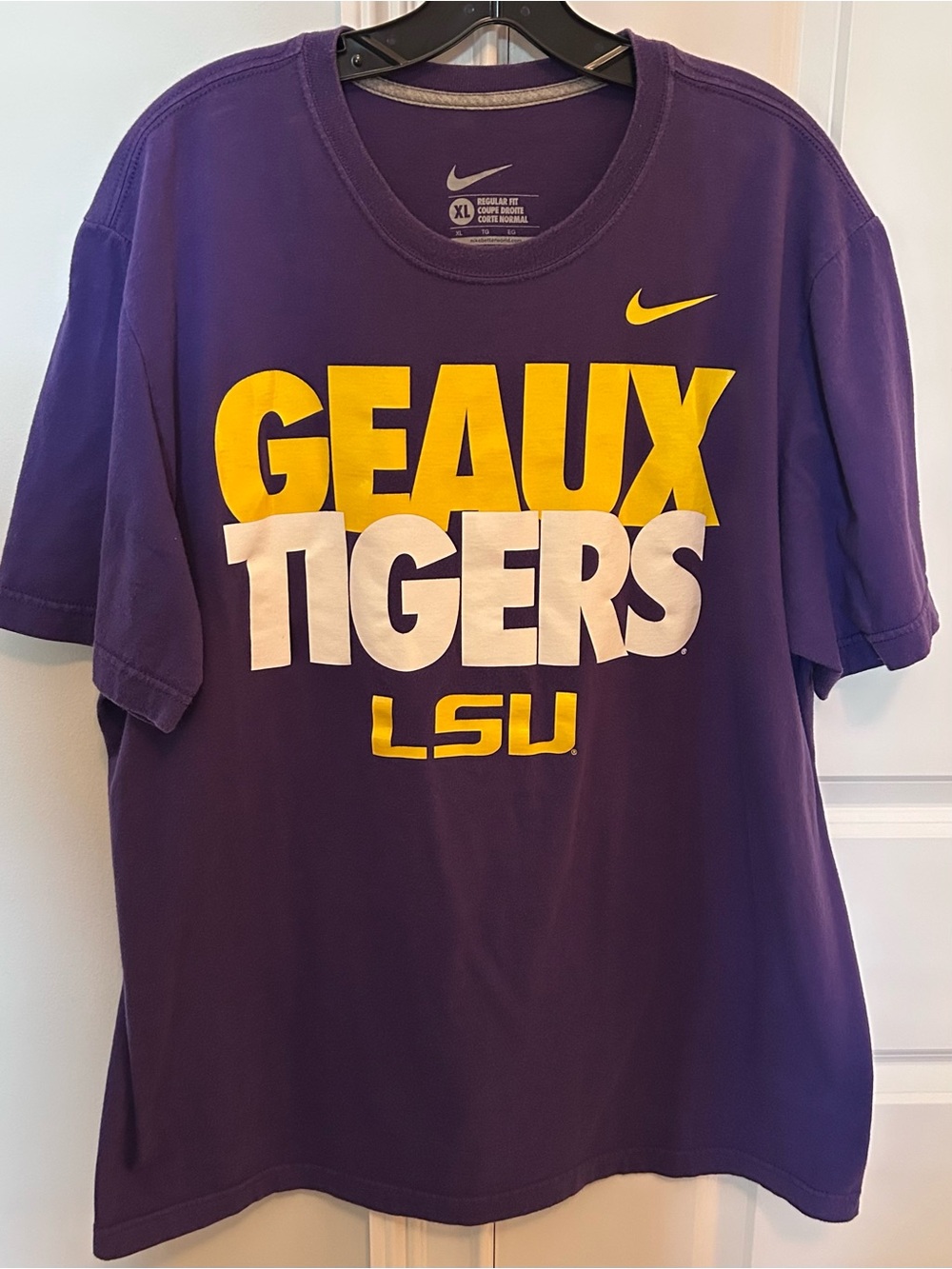 Nike LSU Purple Graphic Cotton Tee with White and Gold Print Design